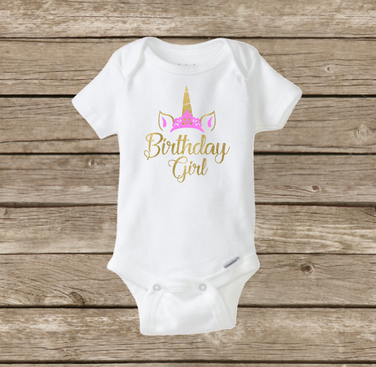 Birthday Girl Unicorn Baby Onesie, Gold and Pink