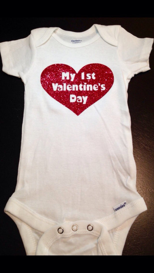 My First Valentines Day Baby Onesie, Glitter Heart,  Baby Girls 1st