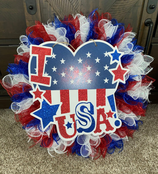 Handmade Wreath I Love USA 4th of July Holiday