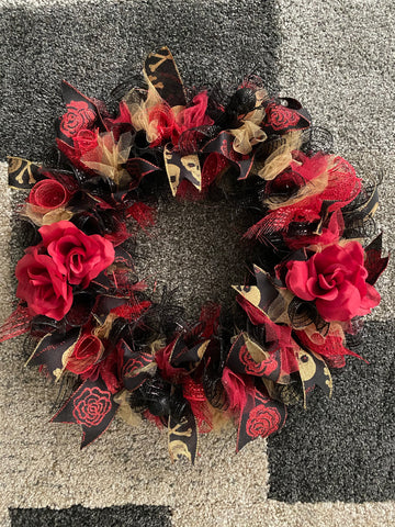 Halloween Skull Wreath Red and Gold